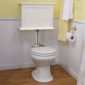Image of porcelain toilet with weathered white tank