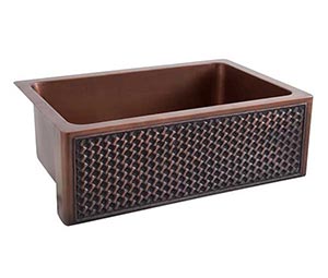 Single bowl copper farmer sink with diagonal cross weave front