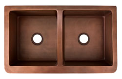 top view of double bowl copper farmer sink 