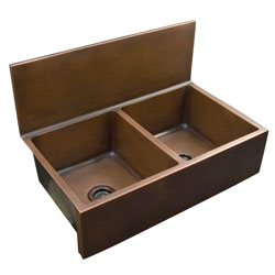 Double bowl copper farmer sink with botanical motif