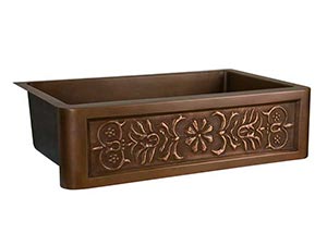 Single bowl copper farmer sink with floral motif front