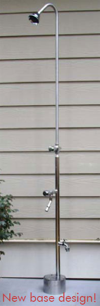 Free standing stainless steel outdoor showers with ADA push button valve and hose bibb
