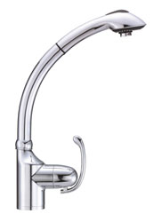 Photo of the sleek Anu series kitchen faucet with pull out spray, shown in chrome