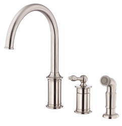 Photo of a Prince series single handle kitchen faucet with side spray, shown in stainless steel