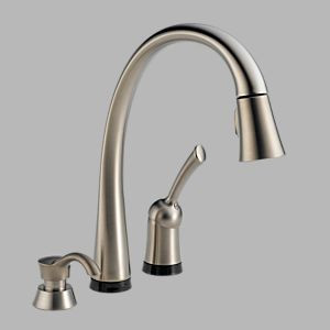 Delta Diamond Seal kitchen faucet, shown in brushed stainless