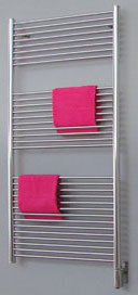 Antus series electric towel warmer, shown in polished stainless steel