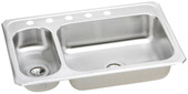 double bowl kitchen sink with small disposer bowl and 5 faucet holes