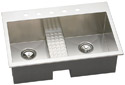 double bowl kitchen sink with workbench and five faucet holes