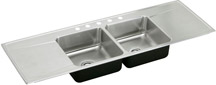 double bowl kitchen sink with dual drainboards and five faucet holes
