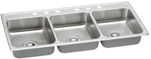 Image of triple bowl stainless steel kitchen sink with six faucet holes