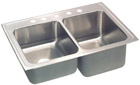 double bowl sink with large soaking bowl and five faucet holes