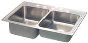 double bowl kitchen sink with large left bowl and 5 faucet holes