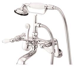 image of DT0521PL wall mount variable spread leg tub faucet with hand shower - porcelain lever handles