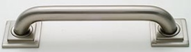 example of a contemporary style handicap grab bar, shown in satin nickel