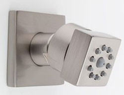 Jaclo Cubix body spray with square escutcheon, shown in satin nickel