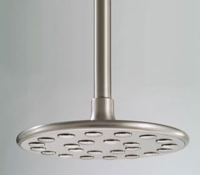 Example of an installed sqaure Rain Machine shower head, shown in chrome