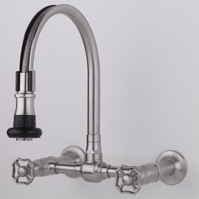 Steam Valve wall mount bridge faucet with pull-out spray, shown in stainless steel