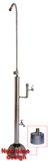 Free standing stainless steel outdoor showers with ADA push button valve, hose bibb and a drinking fountain
