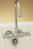 Example of three ball style goose neck leg tub faucet with porcelain handles, shown in chrome