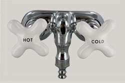 Example of a clawfoot tub filler with front mounted porcelain cross handles, shown in chrome