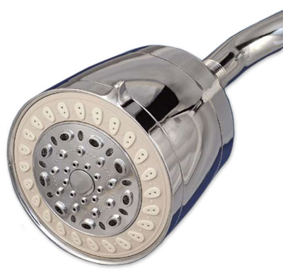 example of the contemporary style Sprite Cascade filtering shower head, shown in chrome