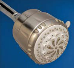 picture of the Sprite Pure-Spray 8 filtering shower head, shown in brushed nickel