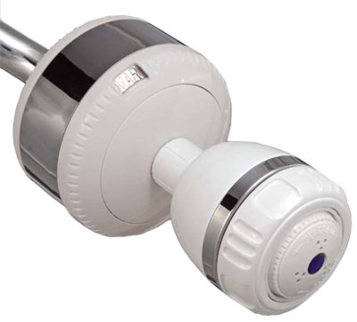 example of the Sprite dial-a-date universal slim line shower filter, shown with optional showerhead in white with chrome trim