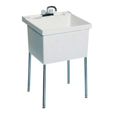 Floor-standing laundry sink with tubular stainless steel legs