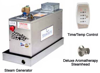 Thermasol's steamsuite plus package system Image of Thermasol's SteamSuite Plus package with control and deluse aroma steamhead