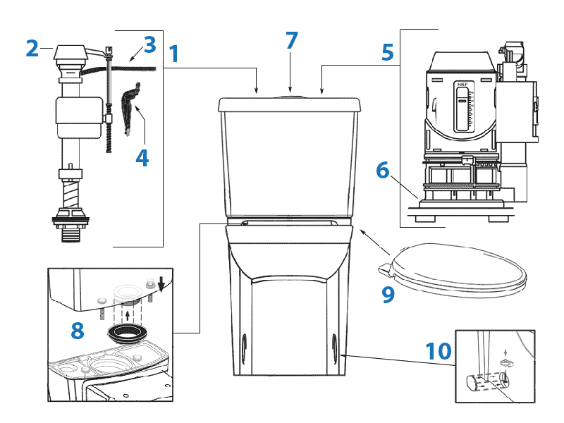Repair parts diagram for American Standard Studio Cadet 3 dual flush toilets with concealed trapway