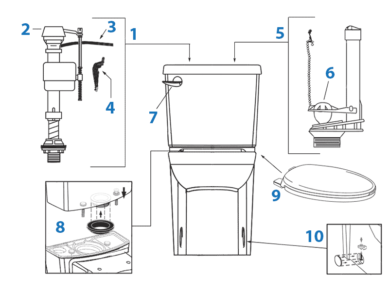 Repair parts diagram for American Standard Cadet 3 toilets with concealed trapway