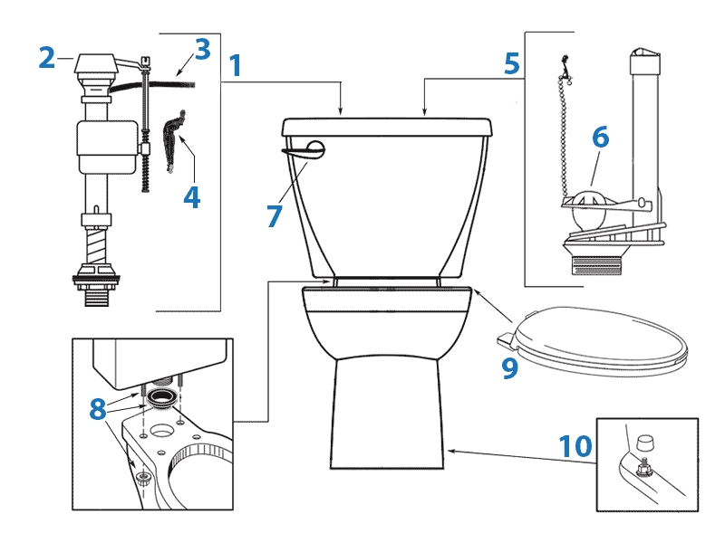 Repair parts diagram for American Standard Cadet 3 1.6 gpf toilets - tank numbers 4019 and 4021