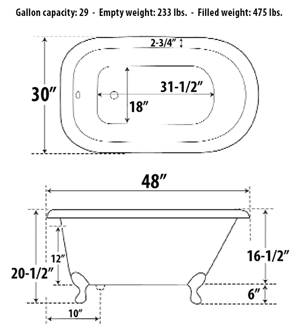 Traditional Style Cast Iron Clawfoot Bathtubs Almena Roll Top Tub Dimensions 48 X 30
