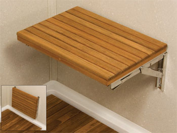 photo of a wall mount teak shower bench shown in plantation teak