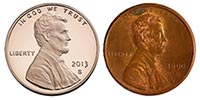 Example of old patina-ed penny vs new copper penny