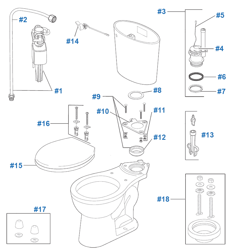 Parts diagram for Corrente toilets with rigid supply line