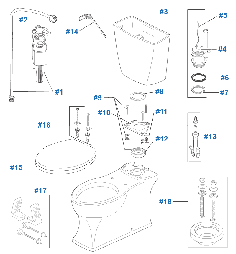 Parts diagram for Riosa toilet with rigid supply line