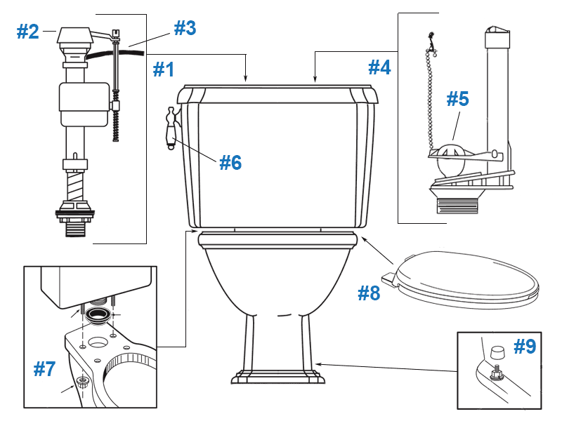 Repair parts diagram for Eljer Darrow and Darrow Classic two-piece toilets - tanks #141-4400 and 141-4440