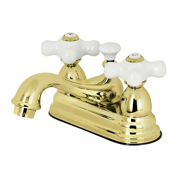 Polished Brass two handle bathroom faucet with porcelain crss handles