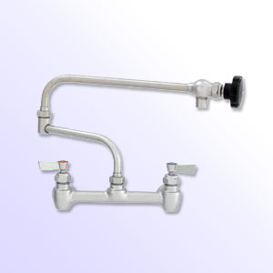 Fisher 8 inch center to center backsplash mount faucets with double jointed control swing spout