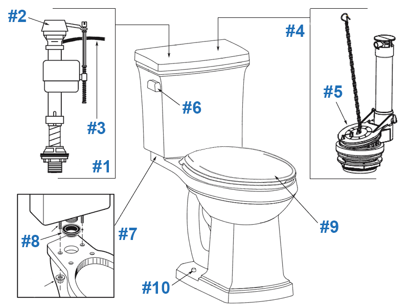 Parts diagram for Hinsdale toilets - tank #28-181