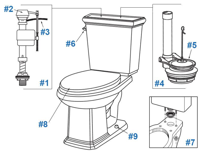 Parts diagram for Gerber Logan Square high efficiency toilets - tank numbers HE-28-530 and HE-28-535