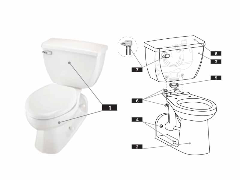 Parts diagram for Ultra Flush two-piece toilets with tank #GUF28380