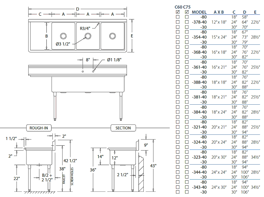 14 Gauge Heavy Duty Triple Bowl Stainless Steel Kitchen Sinks Triple Compartment Commercial Sinks With Left Drain Board View Detailed Dimensions
