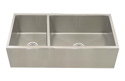Stainless steel double bowl apron front sink with small bowl on left