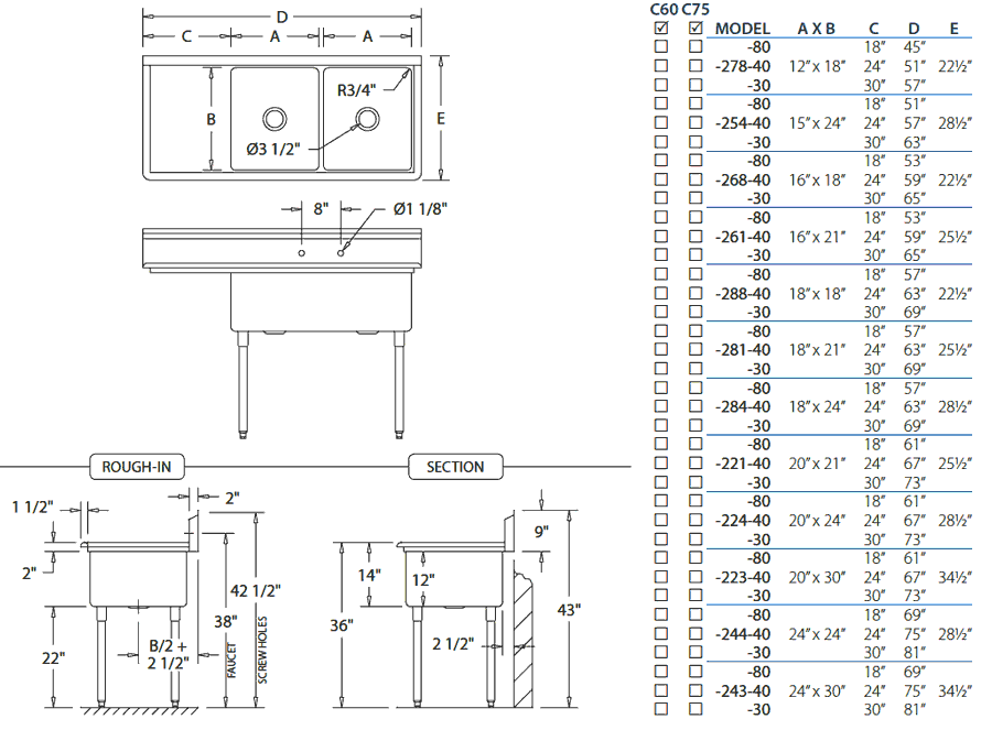 16 Gauge Two Bowl Stainless Steel Commercial Kitchen Sinks By Griffin View Detailed Dimensions