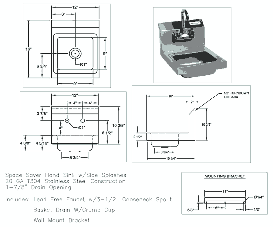 H30-129C Space Saver Hand Wash Sink 12