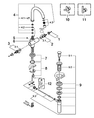 Parts schematic for Grohe Atrio single hole bathroom faucet