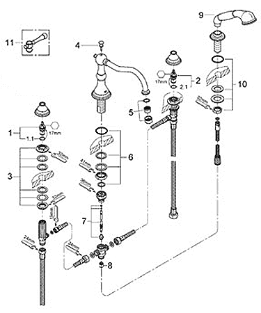 Bridgeford Roman tub filler faucet parts breakdown