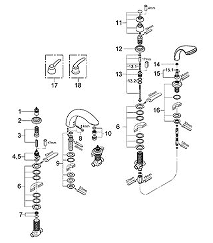 Talia Roman tub filler faucet with handshower parts schematic
